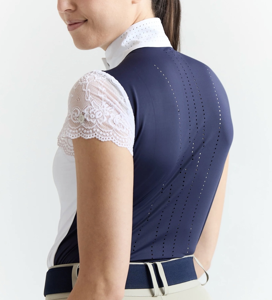 70° Lace Sleeve Show Shirt- White/ Navy